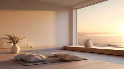 Wall Mural - Beautiful and clean virtual background or backdrop for yoga, zen, meditation room space with serene and calm natural organic scenic outside ocean sea view