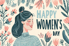 Happy Women's Day Vintage Card. Cartoon Cute Woman With Flowers. Generative AI 