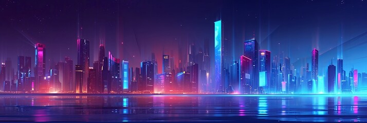 Wall Mural - Future metropolis on seacoast, extraterrestrial space colony city flat vector with futuristic skyscrapers illuminating at night with fluorescent, neon lights, calm water illustration 