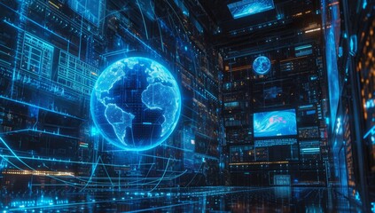 an image with blue networks and a world globe Generative AI