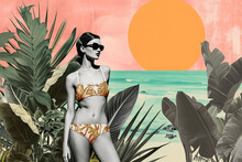Young Woman In Bikini On Beach. Contemporary Art Collage. Generative AI