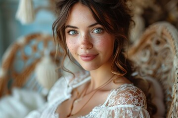 Wall Mural - A beaming bride, adorned with freckles and blue eyes, radiates joy and elegance in her stunning wedding dress during an indoor photo shoot