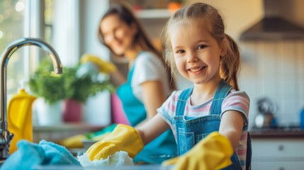 Wall Mural - Children at home playing and cleaning