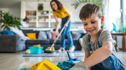 Wall Mural - Children at home playing and cleaning