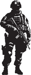 Wall Mural - Shadow Sentinel Iconic Design Featuring a Silhouette of a Military Man with a Gun Lethal Protector Black Logo Illustrating the Vigilance of a Armed Forces Member