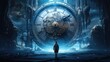 A tiny man stands near a blue, magical, mysterious large clock. past and future. concept of wasting time.