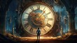 A tiny man stands near a gold, magical, mysterious large clock. past and future. concept of wasting time.