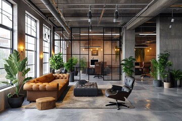 Wall Mural - Modern office interior in loft, industrial style, 3d render