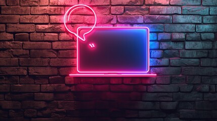 Neon light speech bubble. Meeting line icon. Discussion or consultation sign. People communication management symbol. Neon light background. Meeting glow line. Brick wall banner. Vector 