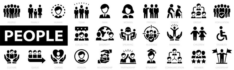 Wall Mural - People icon set. User icon. Group, family, human, team, community, friends, population, senior, queue, diversity, audience and more. Vector illustration