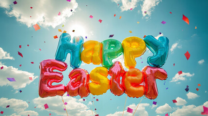 Sticker - Colorful Happy Easter text from helium air balloons 