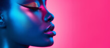 High Fashion Model Lips And Face Woman In Colorful Bright Neon UV Blue And Purple Lights, Posing In Studio, Beautiful Girl, Glowing Makeup, Colorful Makeup. Glitter Bright Neon Makeup