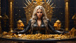 A blonde beauty on a golden throne and tons of gold in front of her