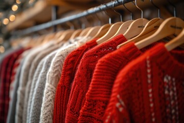 Winter fashion on display: A vivid red sweater shines amid a range of textured, earth-toned knits, ready for the colder months.