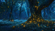 Uma floresta encantadora ganha vida sob o manto da escuridão iluminada pelo brilho sobrenatural de organismos bioluminescentes