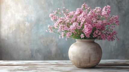 Poster - A vase filled with pink flowers sits on top of a table.