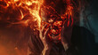 A visually impactful image of a fiery devil's skull and a man in his home gripped by head pain, with a layout that includes copy space The scene symbolizes intense emotional or physical distres