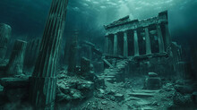 A Haunting Underwater View Of An Ancient Greek Temple, Its Ruins Lying In The Depths Of The Atlantic Ocean The Temple, With Its Iconic Columns And Intricate Carvings, Is A Testament To A Bygone