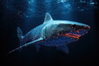A shark is shrouded in neural connections deep underwater. Character for a computer game. Generated by artificial intelligence