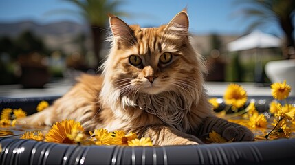 Wall Mural - ginger cat sitting on top of an inflatable pool with flowers and a blue sky in the background. Generative AI	