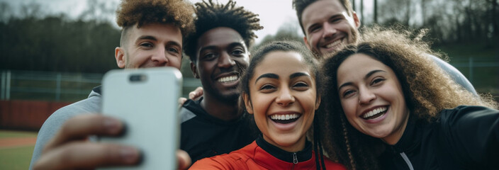 Canvas Print - happy young friends taking selfie in the park.