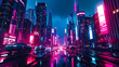 Um horizonte urbano futurístico ganha vida com luzes de neon vibrantes e arranha-céus imponentes e elegantes