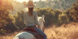Fototapeta  -  Cowgirl in a hat on a horse Generative AI