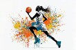 Young woman basketball player with ball. Abstract grunge background. Girl playing basketball.