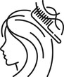 Hair loss outline icon, hair care and treatment isolated vector linear sign, features a simplified representation of a female head with thinning or falling hair on comb, symbolizing beauty issue