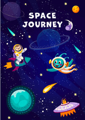 Wall Mural - cartoon alien, ufo saucer and kid astronaut on space rocket in starry galaxy, vector background. kid