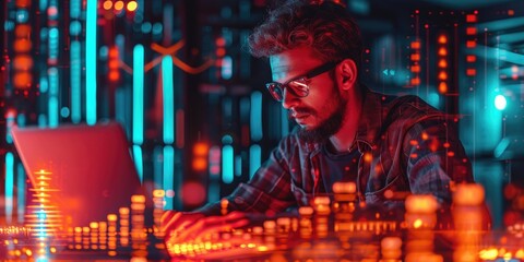 IT specialist is working on a laptop with data, abstract neon lights around