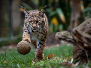 Wall Mural - A Photo of a Bobcat Playing with a Ball in Nature