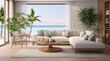 © Bipul Kumar - A large white couch with a wooden coffee table in front of a window overlooking the ocean Generative AI