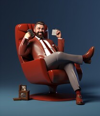 Wall Mural - A man in a suit and tie sitting in a red chair holding a cell phone and a business card Generative AI