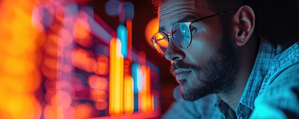 IT specialist is working on a laptop with data, abstract neon lights around