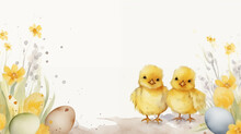 Adorable Watercolor Illustration Of Cute Yellow Chicks, Painted Eggs And Spring Flowers For Easter.