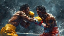 Two Determined Fighters Clash In The Pouring Rain, Their Fierce Sport Mirroring The Turbulent Waters Around Them In This Gritty Outdoor Showdown