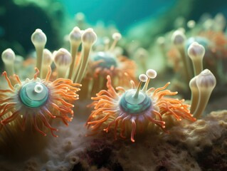 Poster - A group of sea anemons on a coral reef. Generative AI.