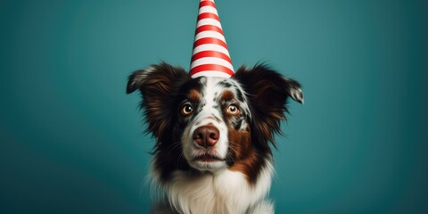 Canvas Print - A cute dog wearing a party hat on a blue background. Generative AI.