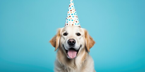 Canvas Print - A cute golden retriever dog wearing a party hat on a blue background. Generative AI.