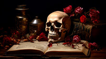 Still Life With Human Skull On Dark Background - Vanitas