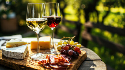 Glasses of wine, cheese and snacks, gourmet picnic in vineyard