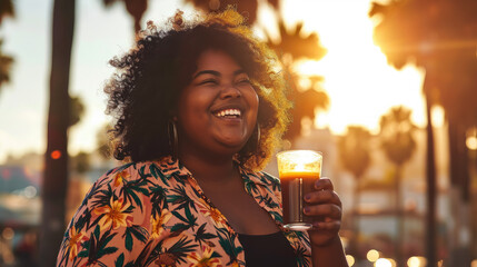 Wall Mural - beautiful plump happy girl drinks coffee on a walk, palm trees, summer, plus size model, overweight woman, fat person, portrait, face, lady, lifestyle, weight loss, curvy, city, street