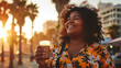 beautiful plump happy girl drinks coffee on a walk, palm trees, summer, plus size model, overweight woman, fat person, portrait, face, lady, lifestyle, weight loss, curvy, city, street