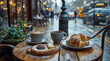 Outdoor sidewalk cafe eating a continental breakfast of coffee and croissants in London