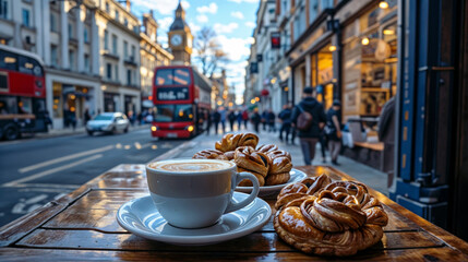 Wall Mural - Outdoor sidewalk cafe eating a continental breakfast of coffee and croissants in London City