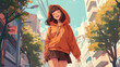 beautiful cute young teenage girl in a hoodie walks along a city street, smiling woman, drawing, illustration, stylish clothes, picture
