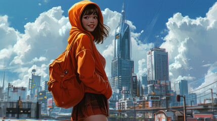 Wall Mural - beautiful cute young teenage girl in a hoodie walks along a city street, smiling woman, drawing, illustration, stylish clothes, picture