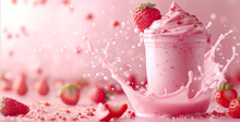 A captivating splash of strawberry milkshake with fresh strawberries around it on a dreamy pink background.