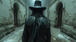 A detective in a black hat and coat in a mysterious place